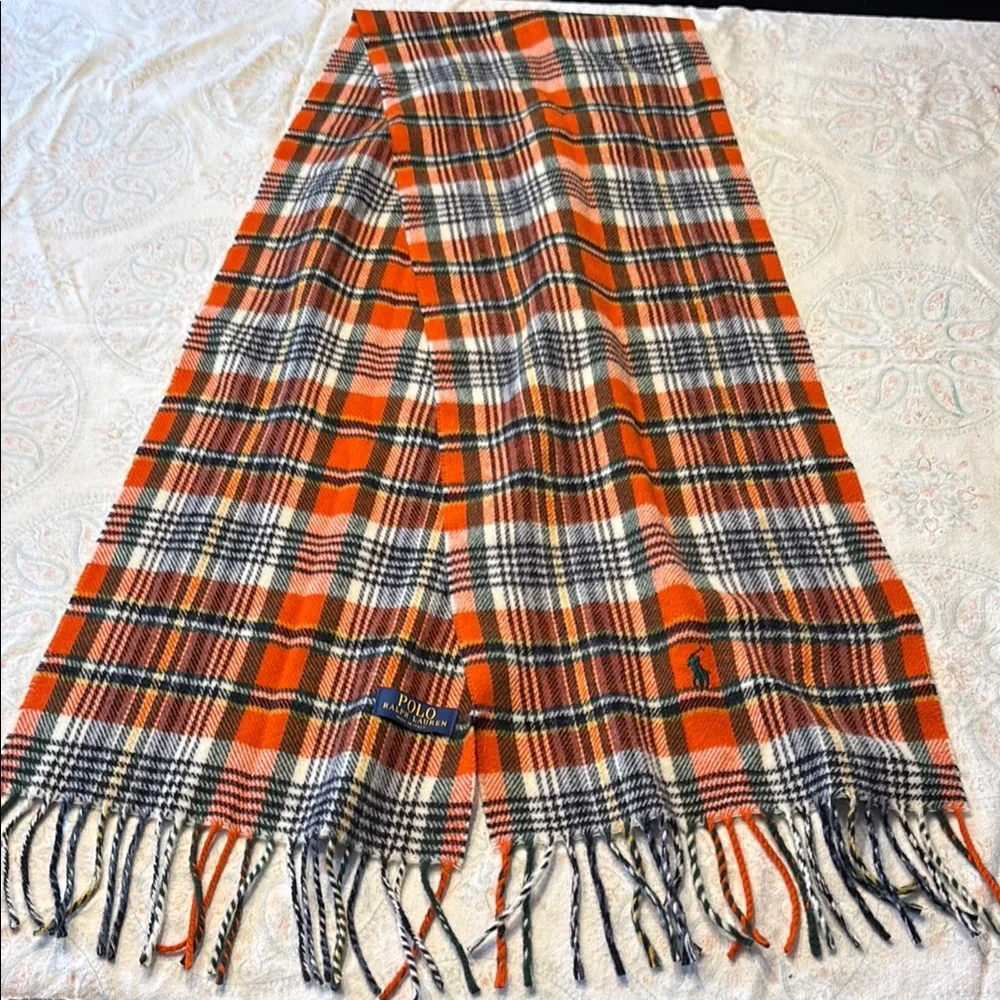 Polo Ralph Lauren Italy Ladies/Men’s Orange Plaid Wool Scarf-EUC